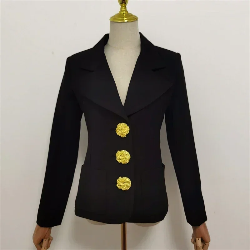 Plus Size 2024 New Fashion All Season Office Womens Full Sleeve Big Gold Metal Button Pockets Slim Casual Black Blazer Coat
