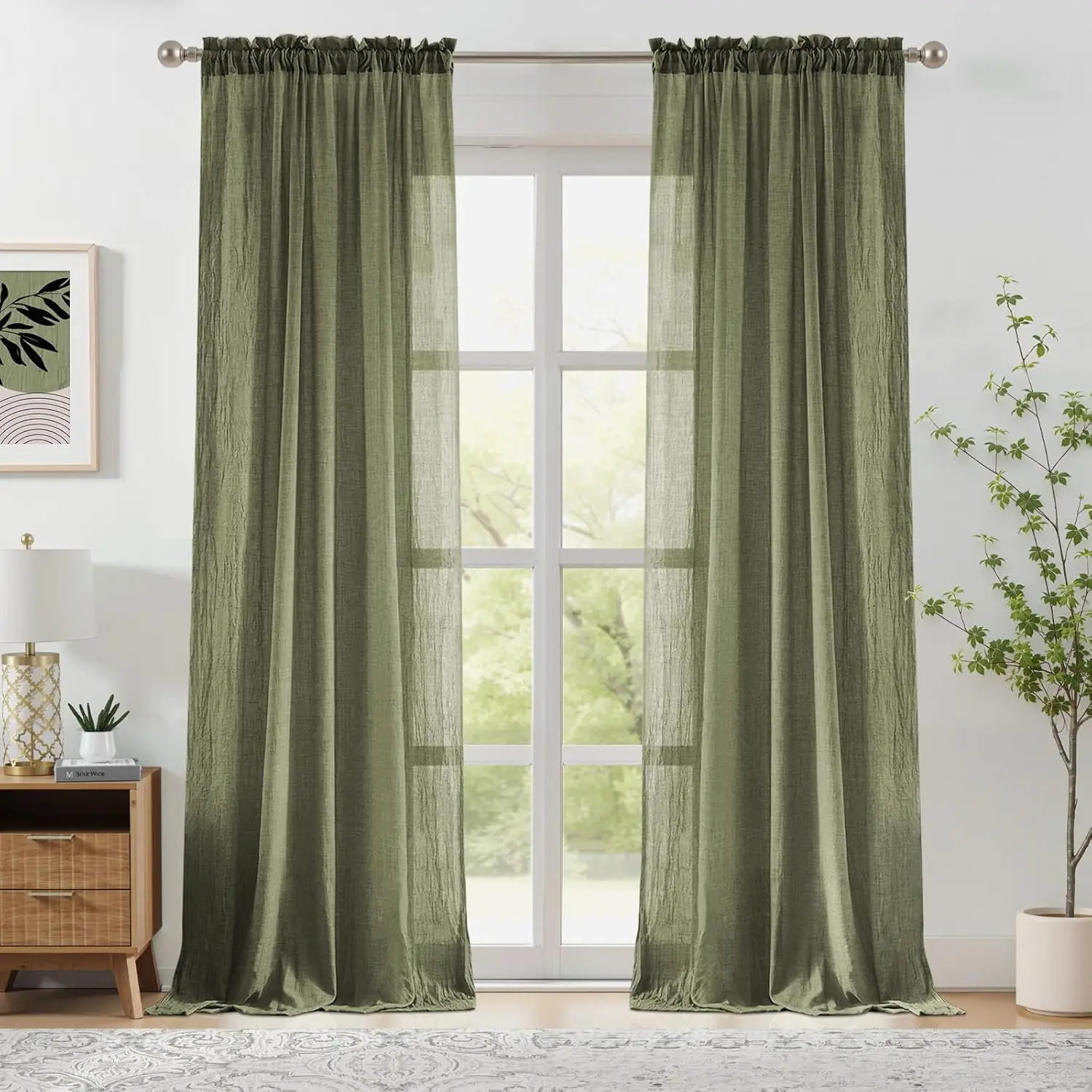 Sage Green Sheer Curtains for Bedroom Living Room Natural Cotton Linen Light Filtering, Rustic Rod Pocket Lightweight Drapes