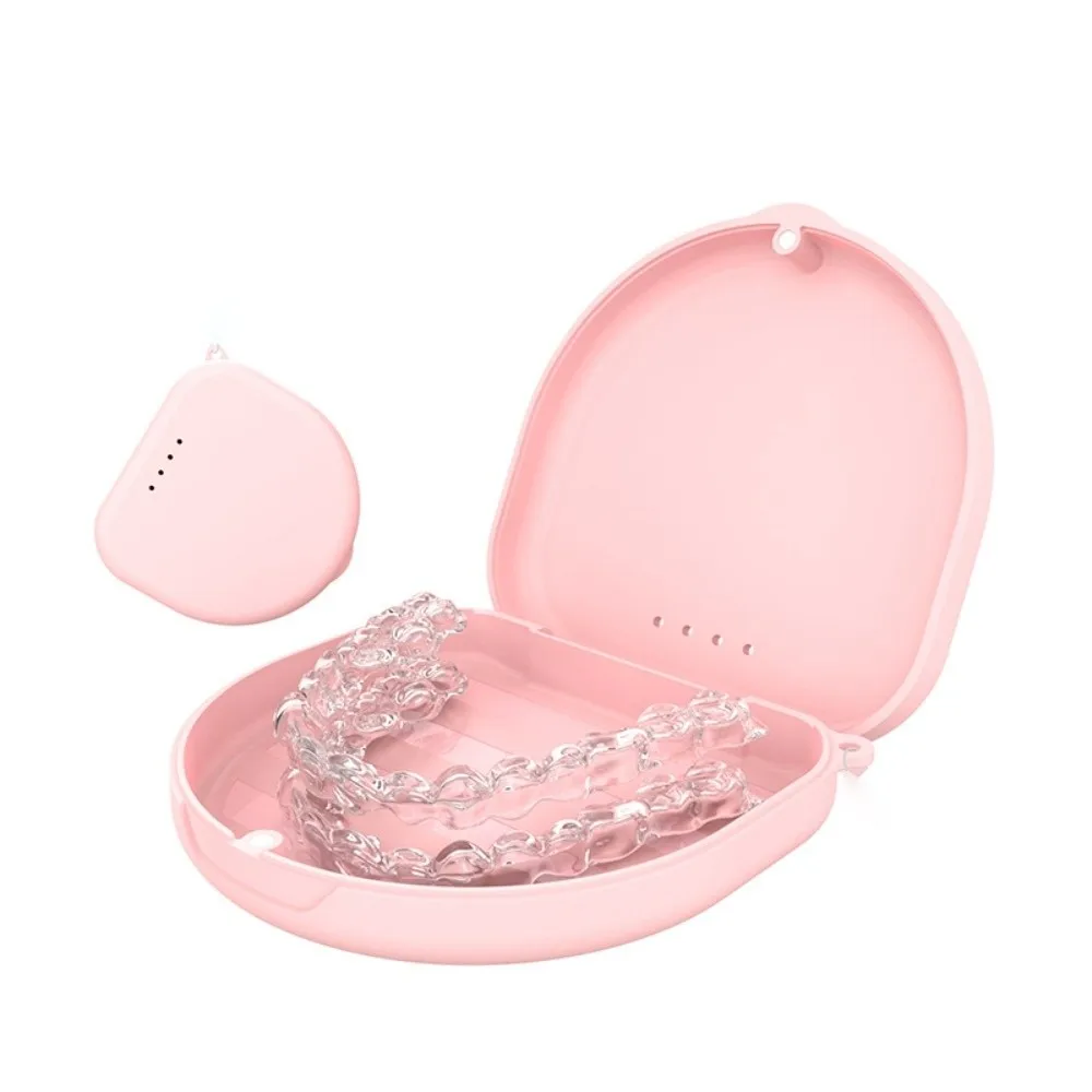 Portable Dental Retainer Case Vent Holes Solid Color False Denture Box with Lanyard Multifunctional Teeth Retainer Container