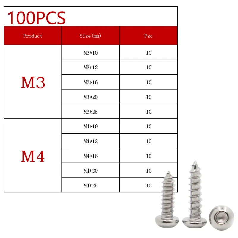 Kit M2 M2,5 M3 M4 M5 M6 304 Edelstahl runder Flachkopf Innensechskant selbstschneidende Schrauben Holzschrauben Set 70–630 Stück – Detail 7
