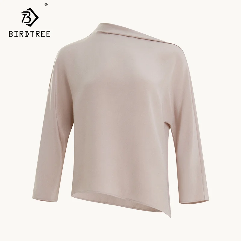 Birdtree, 28MM 48%Mulberry Silk, Women Skew Collar Shirt, Long Sleeve, Designed OL Chic Blouse, 2024 Autumn Winter Top T49819QM