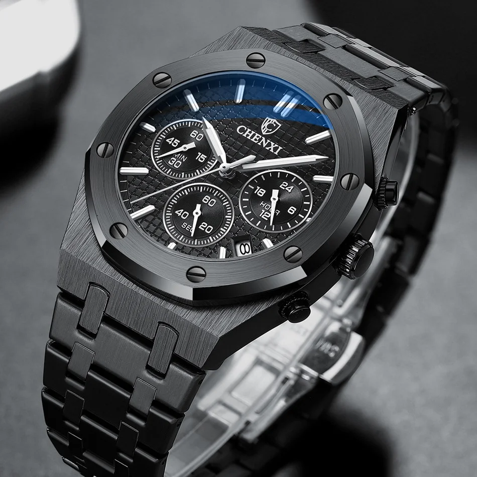 Unique Black Steel Chrono Watch Men Fashion Casual Calendar Butterfly Buckle Business Quartz Male\'s Watches Luxury Top Brand