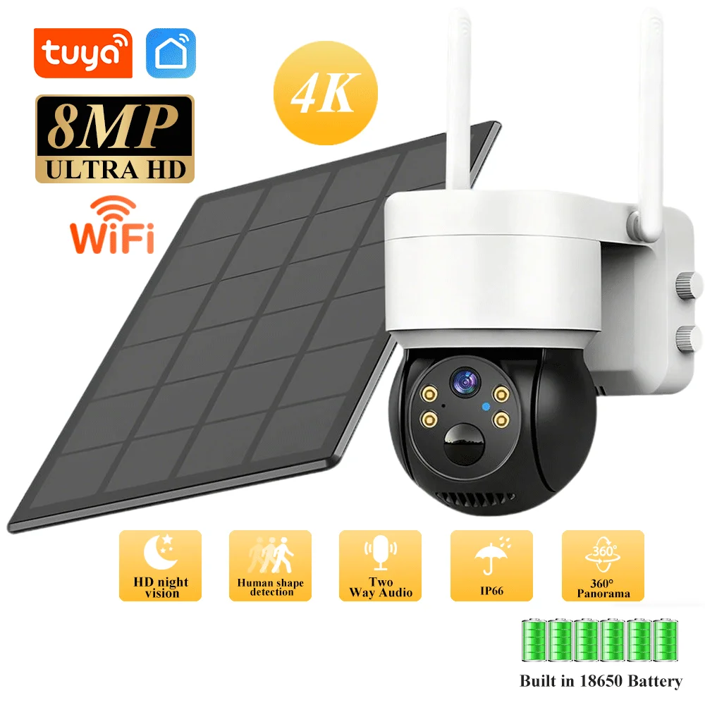 

Tuya 4K 8MP Solar-powered Camera WIFI Connect PIR Human Detection Night Vision Waterproof Design Safety Internal Battery Outdoor