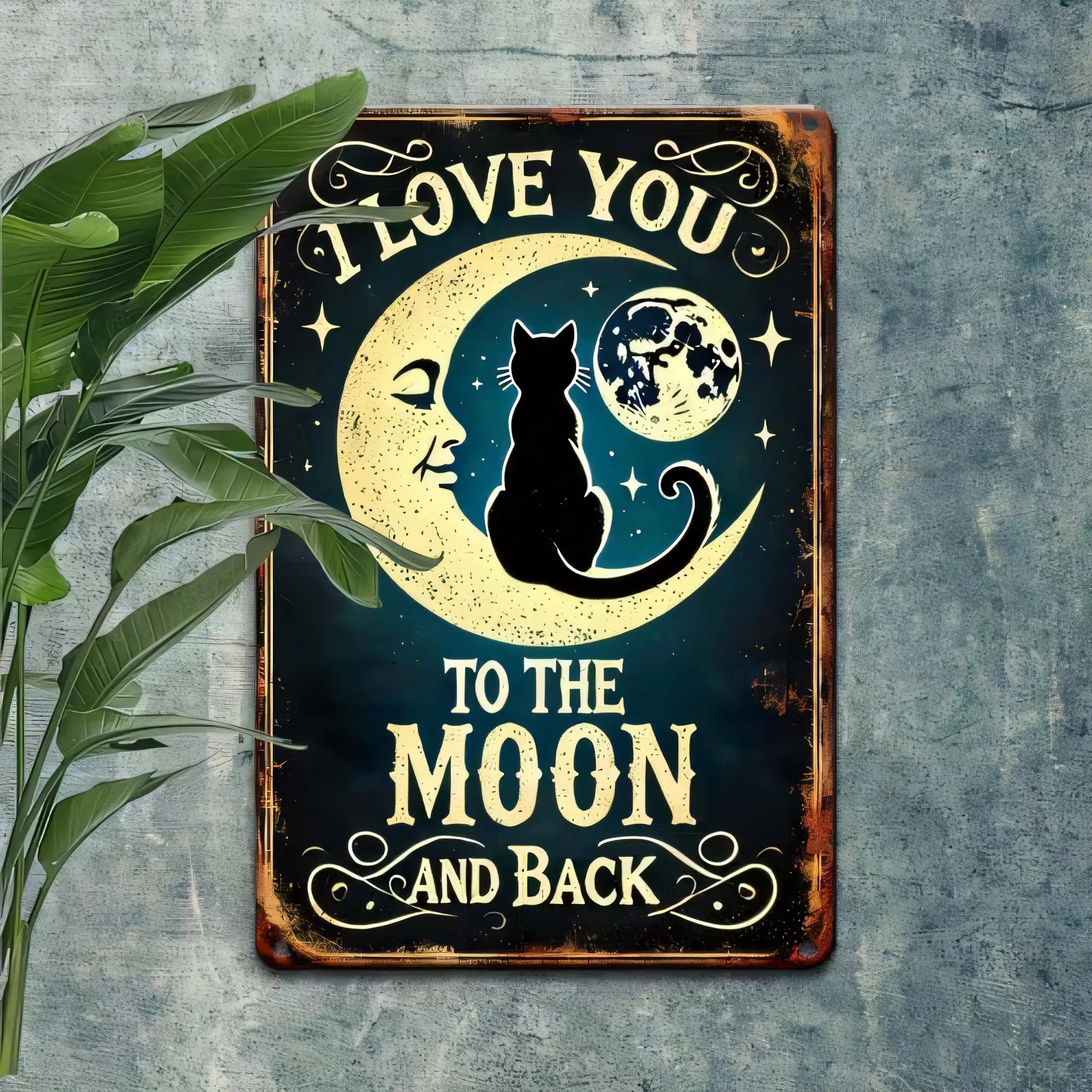 Tin Sign Love You To The Moon And Back Vintage Cat Quote Retro Metal Wall Art Plaque For Bedroom Living Room Hallway Decor Rusti