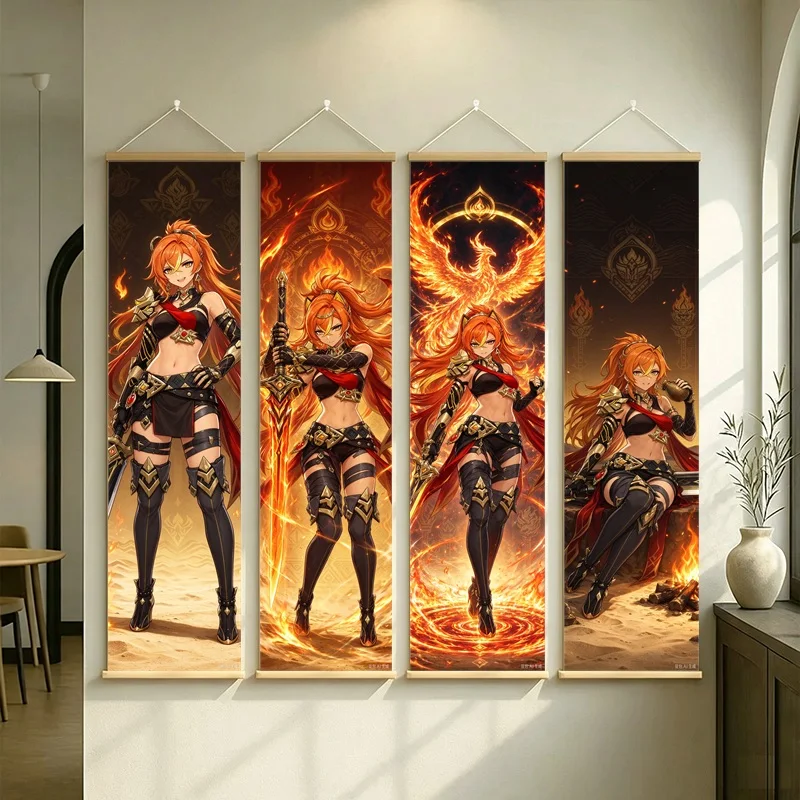 Hanging Scroll Wall Art of Genshin Impact Mavuika with Golden Flame Motifs on Silver Shimmer Canvas for an Anime Bedroom