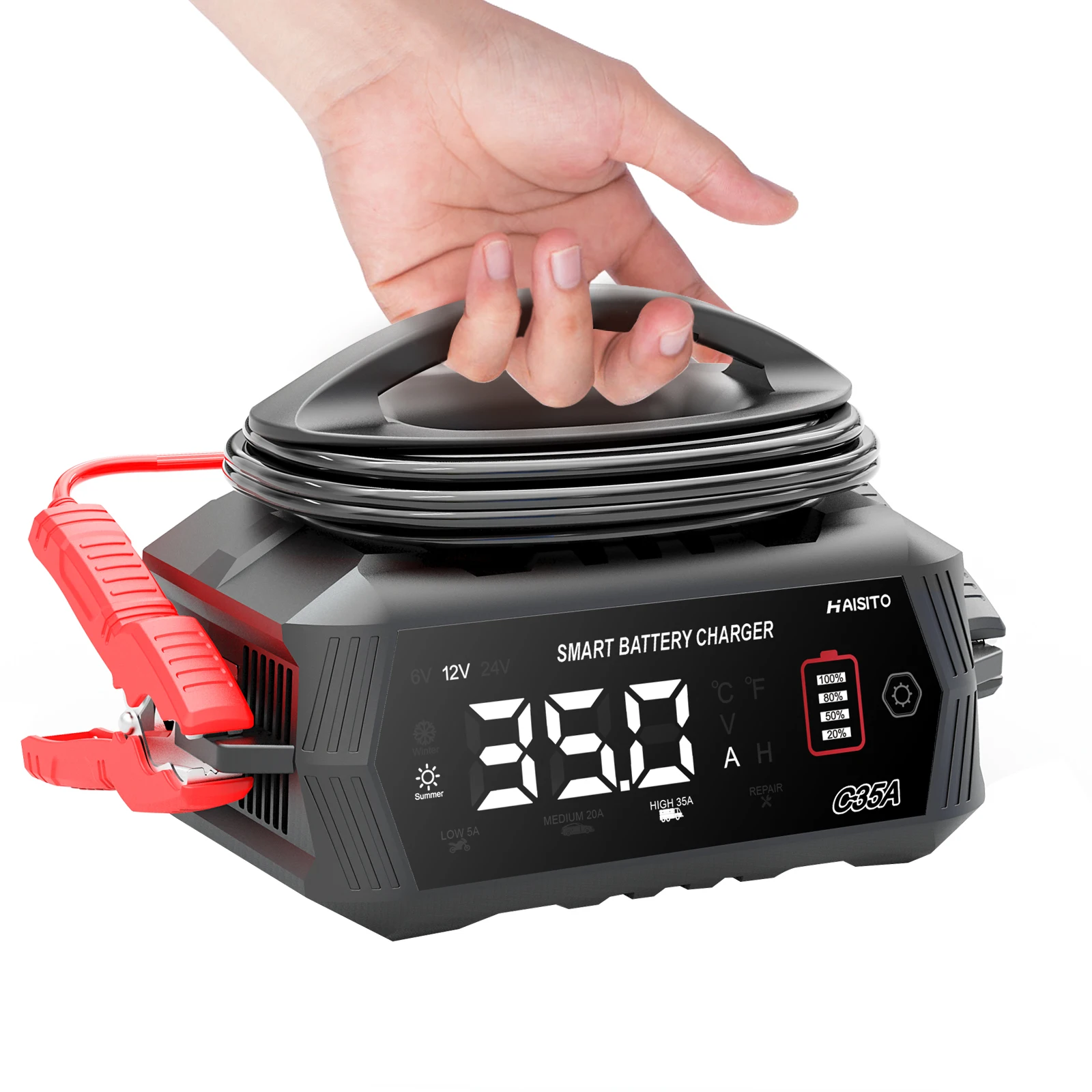 Nabíječka autobaterií HTRC 35A 6V/12V/24V Inteligentní nabíječka pro lithiové, LiFePO4, olověné, AGM baterie Automatická nabíječka pro motocykly - náhled 2