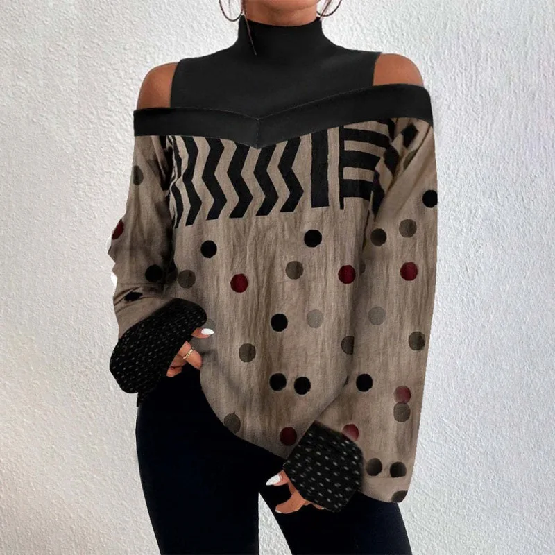 Women\'s Autumn and Winter Half High Neck Lantern Sleeve Printing Fashion Casual Loose Fashion Versatile Elegant Commuter Tops