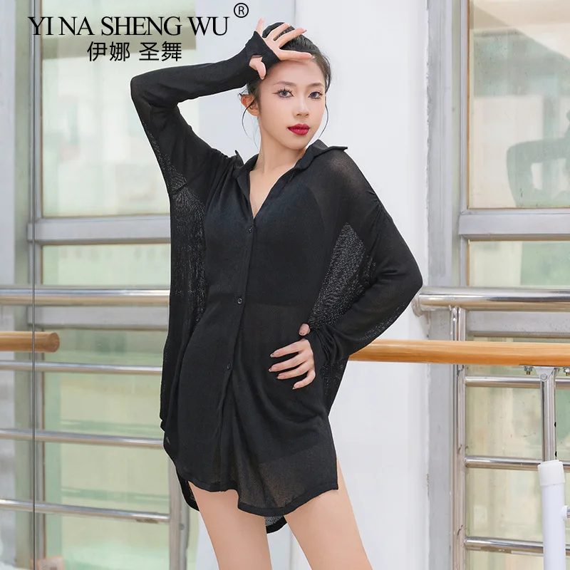Loose Latin Dance Clothes Women White Black Long Sleeve Loose Shirt Skirt Training Clothes Latin Dance Cha Cha Samba Costume