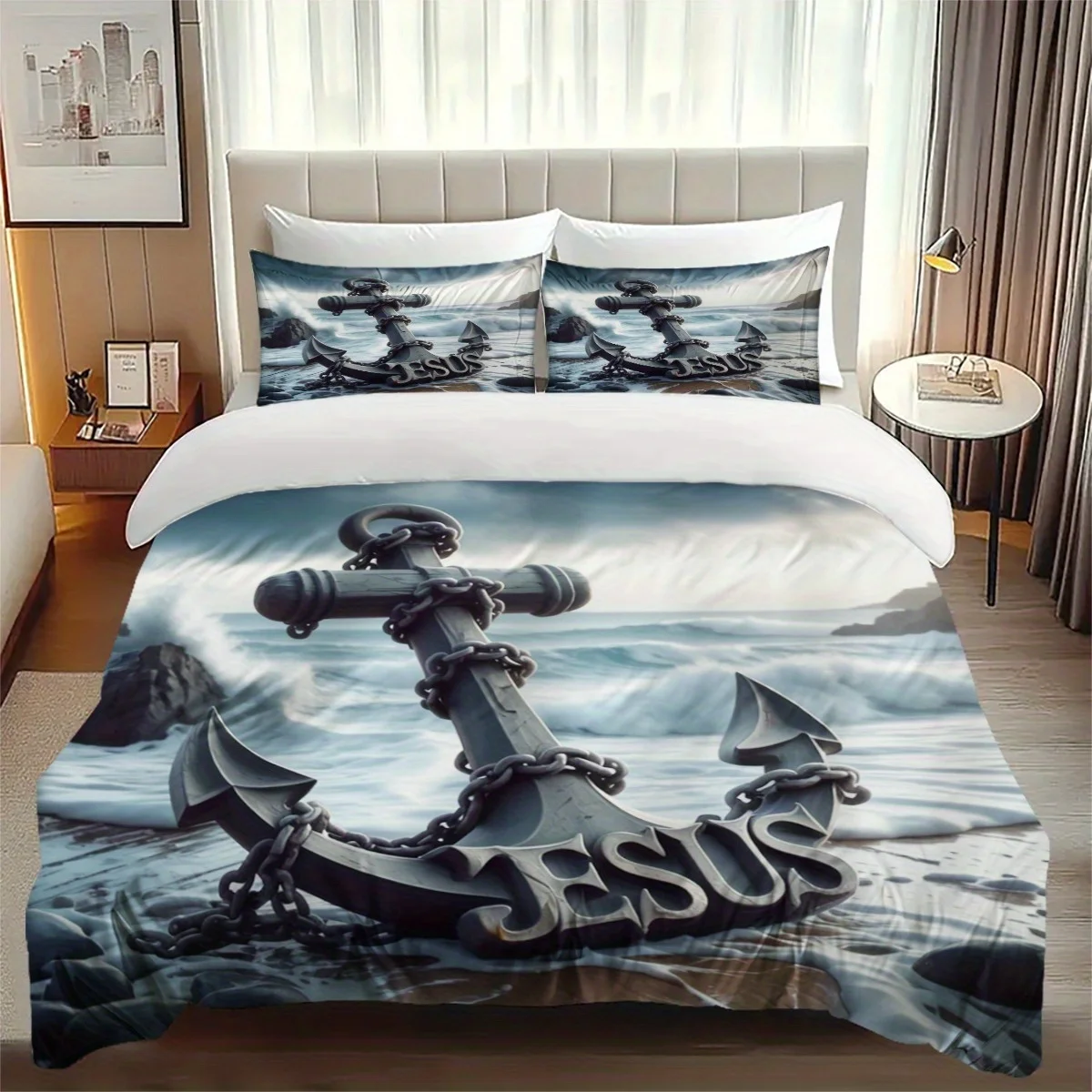3pcs Creative Jesus Anchor Pattern Pattern, Bedding Digital Comforter Set, Tear Resistant Polyester, Includes 1 Duvet Set