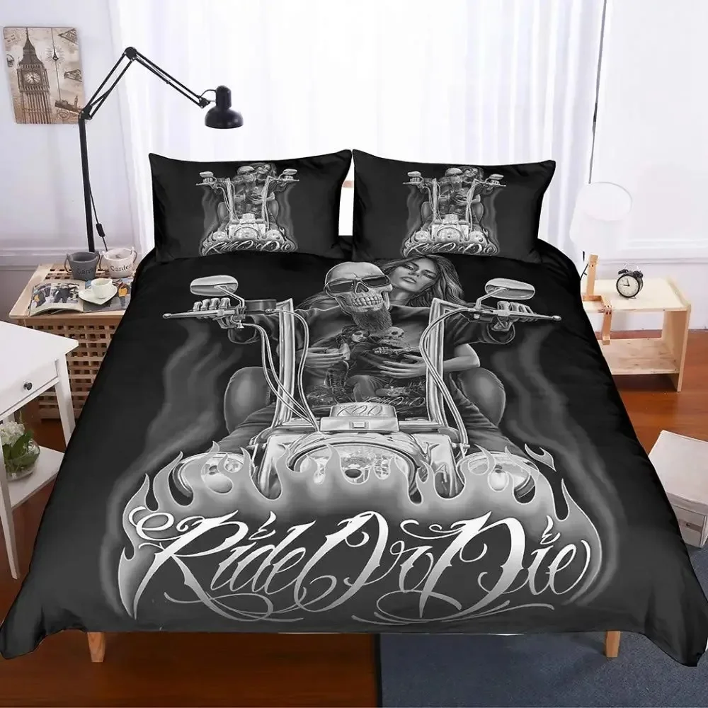 Skull Duvet Cover Set Queen,3D Printed Black Skull Bedding Set ,Halloween Decor Motorcycle Comforter Cover Set Microfibe Quilt