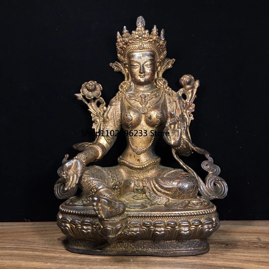 

Tibetan brass mud gold cinnabar painted Guanyin green Tara Buddha Mother Hall home goods living room ornaments 29cm