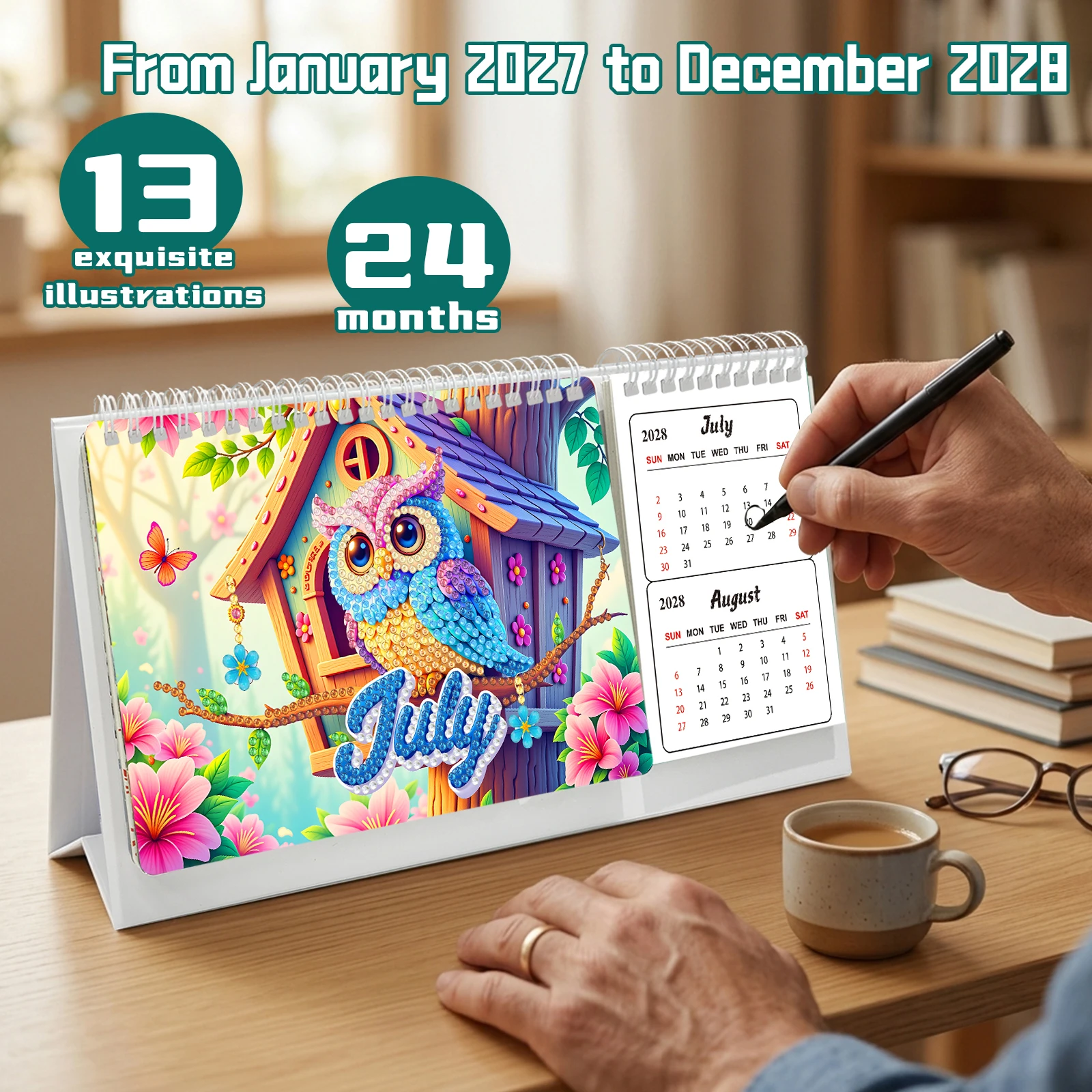 2027 2028 Diamond Art Calendar January 2027 - December 2028 Small Desktop Calendar Planner for Living Room Bedroom Office Desk