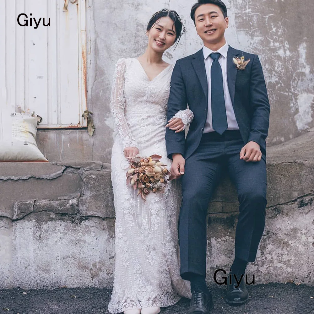 Giyu Fairy Full Lace Followers Korea Wedding Dress Photoshoot V-Neck Floor-length Full Sleeves 웨딩드레스 Bridal Gown