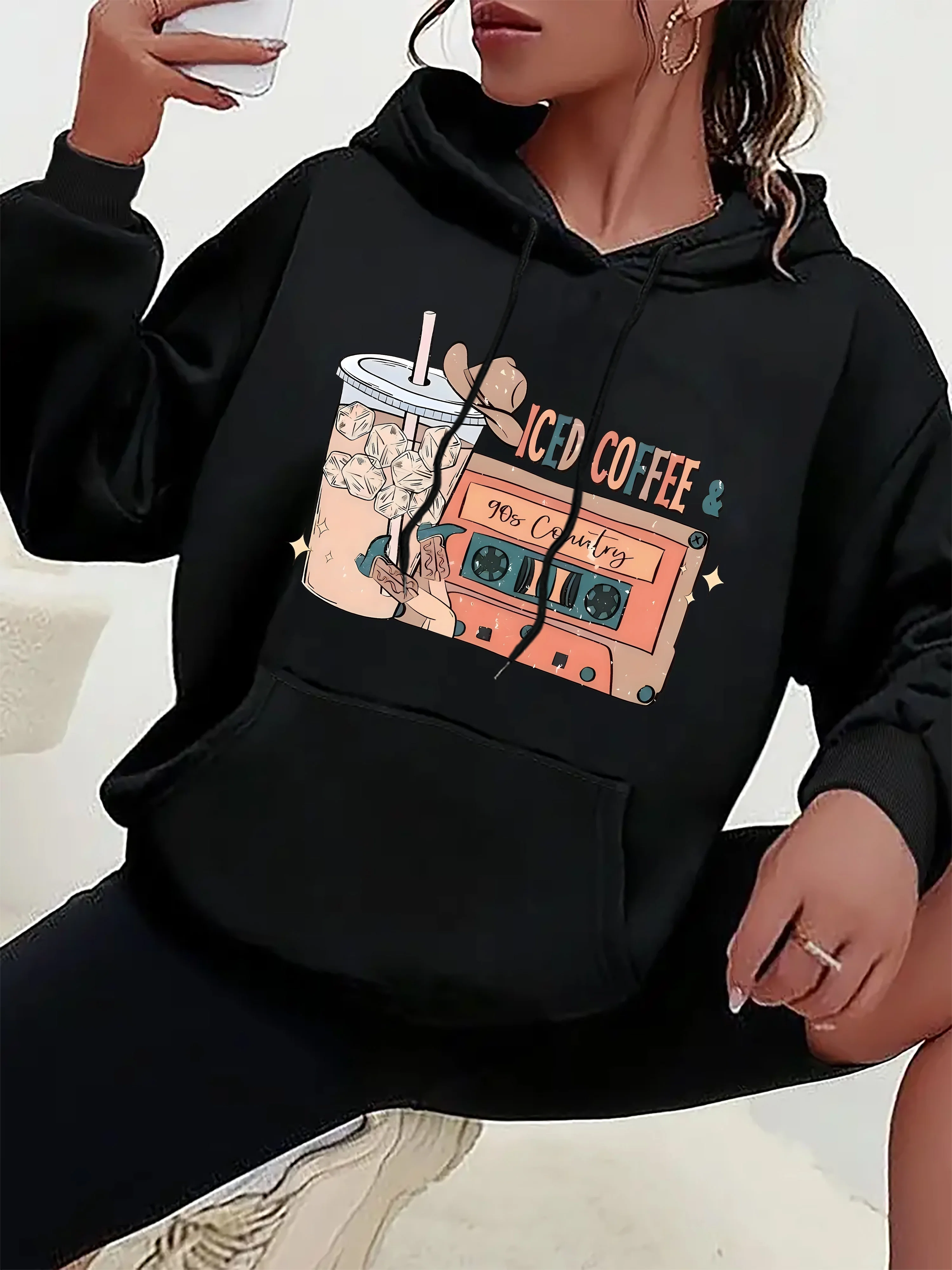 

Хлопковая толстовка с графическим принтом Iced Coffee для мужчин и женщин, повседневная уличная спортивная тренировка, брендовая тенденция