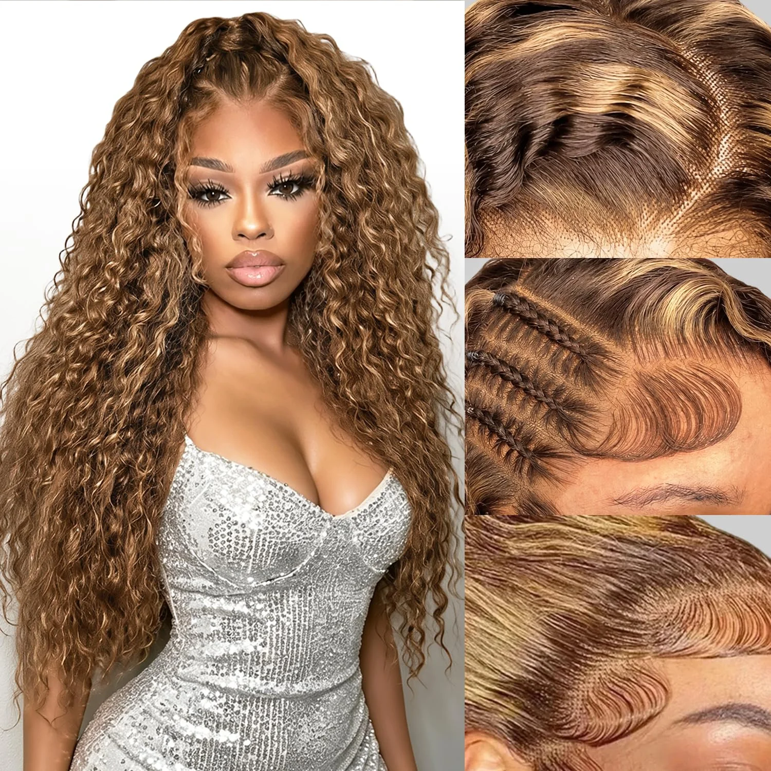 Curly Human Hair Wig 4/27 Ombre Highlight 34 Inches 180 Density 13x6 HD Lace Front Wig Real Remy Natural Looking For Black Women