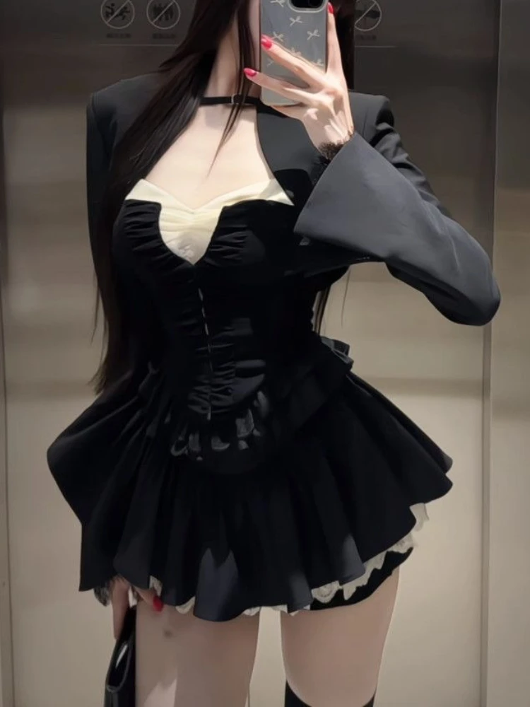 

Французский новый готический элегантный тонкий комплект из 3 предметов, женские осенние пальто + узкие топы на бретельках Y2k + шикарные юбки, эстетичная винтажная одежда