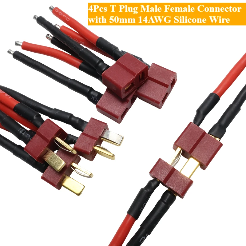 4 Stück T-Stecker Männlich-Weiblich-Verbinder mit 50mm 14AWG Silikonkabel für RC Drohne Quadcopter Auto Boot Lipo Akku ESC DIY