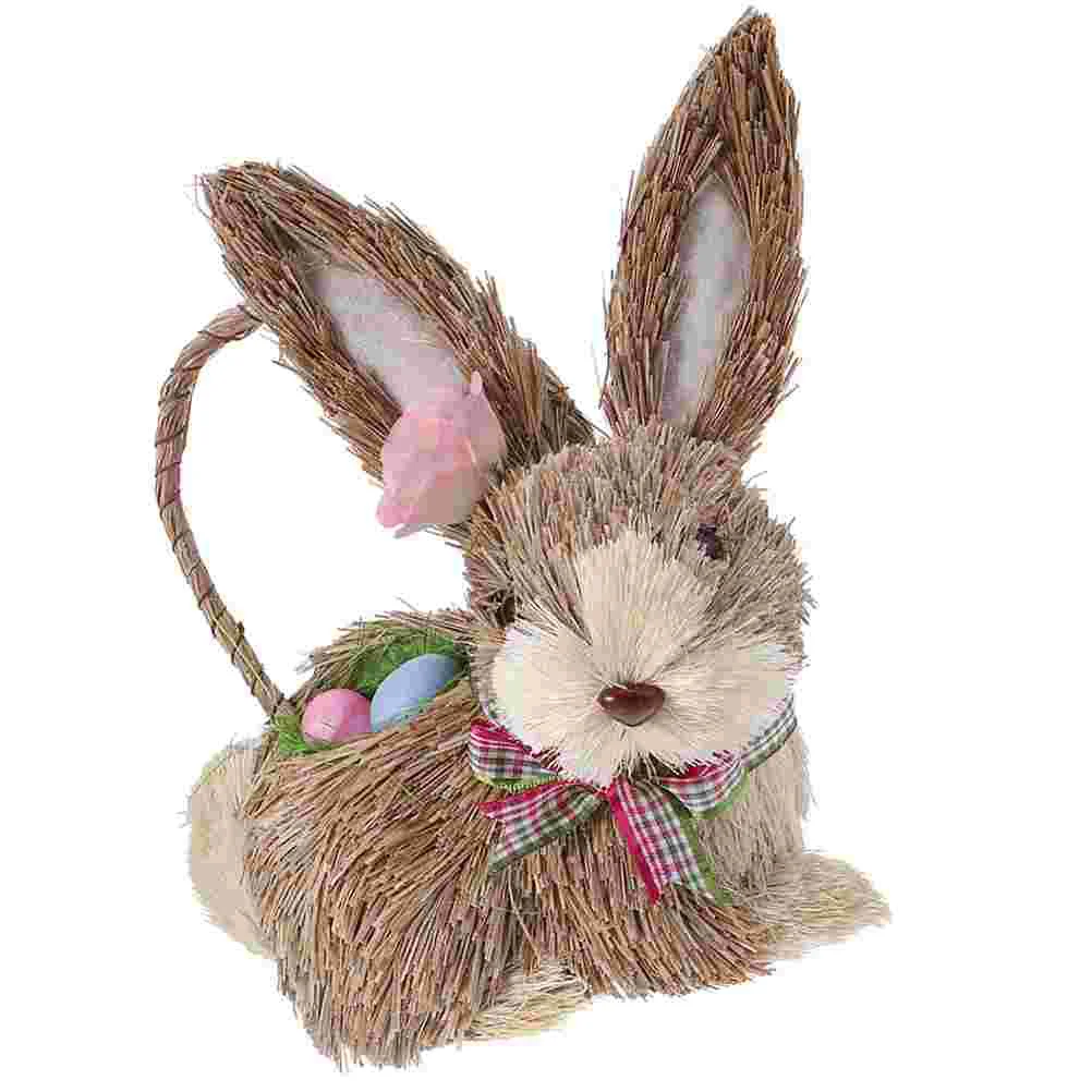 Basket Straw Rabbit Ornament Easter Statue Fruit Woven Decor Small Adorn Desktop Bunny Figurine Baby