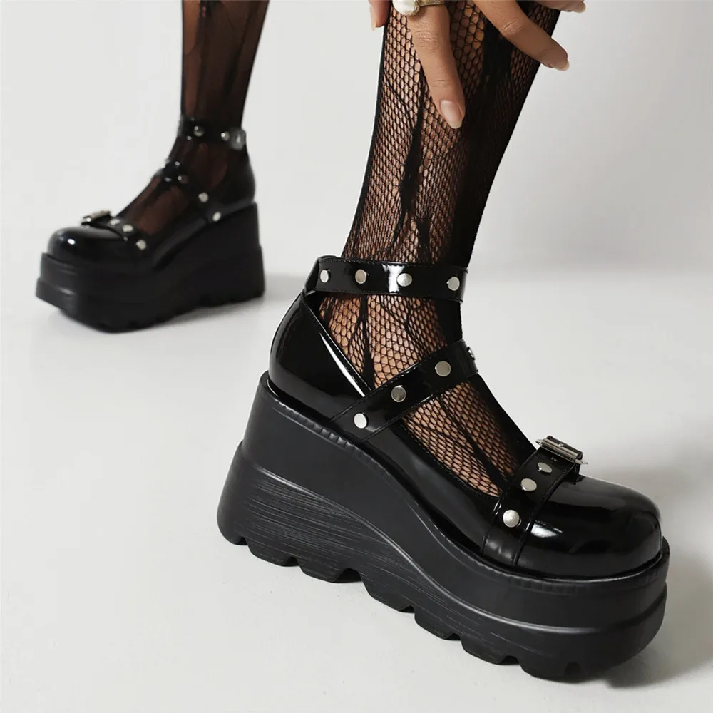 Chunky platforma buty Mary Jane na damskie ze skóry lakierowanej klamra szpilki z paskiem na kostce buty na koturnie wiosna czarny Lolita Gothic Punk