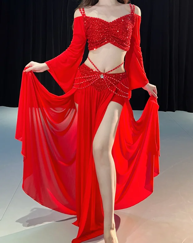 Belly Dance Costume Set for Women Mesh Long Sleeves Top+gauze Long Skirt 2pcs Training Set Oriental Belly Dancing Wear Outfit