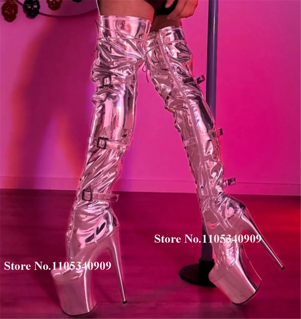 Bondarenko Pink Patent Leather Stiletto Heel Over Knee Boots Round Toe Straps Buckles High Platform Thin Heel Long Dance Shoes