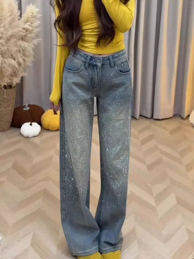 

Retro Star River Rhinestone Flared Jeans Women's Winter Fce Floor-Length Straight Loose Fit Bootcut Pants