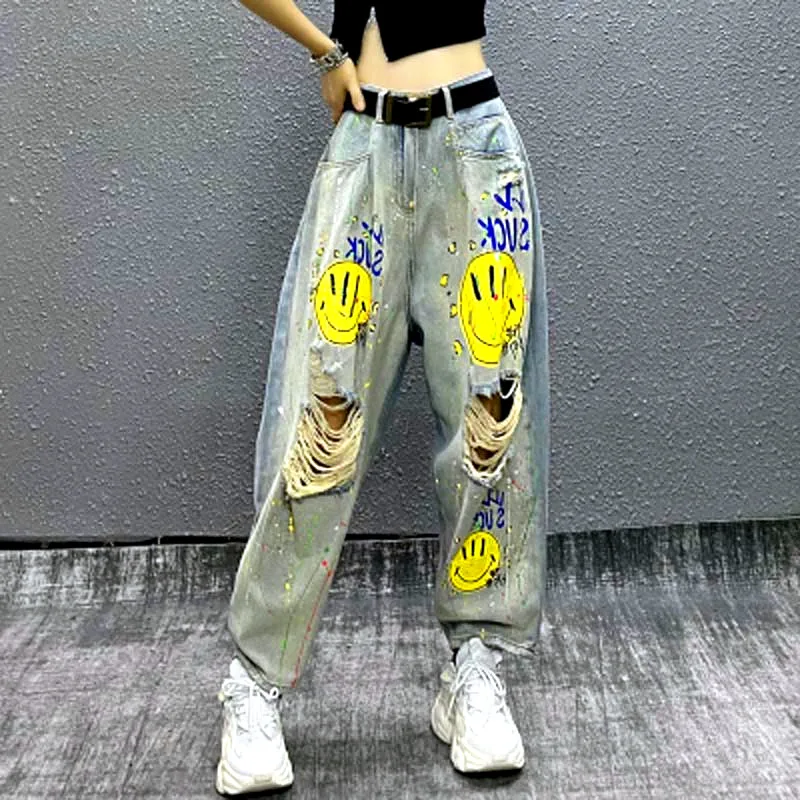 Women BF Hole Jeans Spring Summer Denim Ripped Holes Graffit Smile Print Capris Harem Pants High Street Denim Trousers NZ18