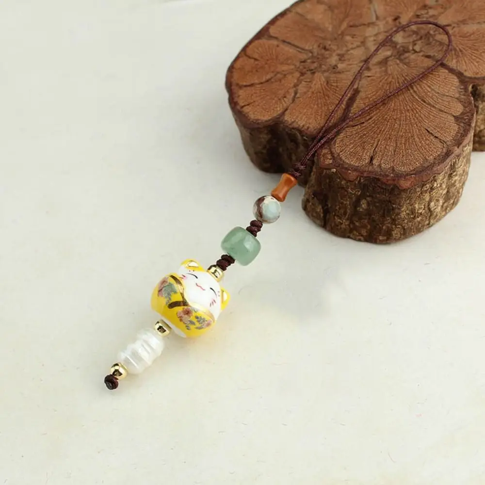 Charm Lucky Blessing Chinese Style Jewelry Findings Mobile Phone Lanyard Lucky Cat Car Keyring Ceramic Key Chains