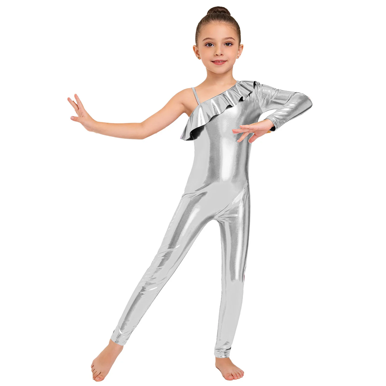 Kids Girls Metallic Gymnastics Ballet One-piece Leotard Acrobatics Dance Jumpsuits One Long Sleeves Zipper Skating Jazz Leotards