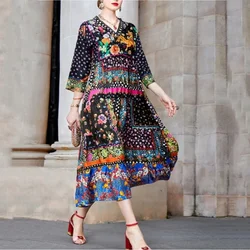 Plus Size Floral Print Dress for Women Ethnic Retro Long Sleeve Casual Vintage Spring Autumn 2024 Fashion A-Line Pleated Dresses