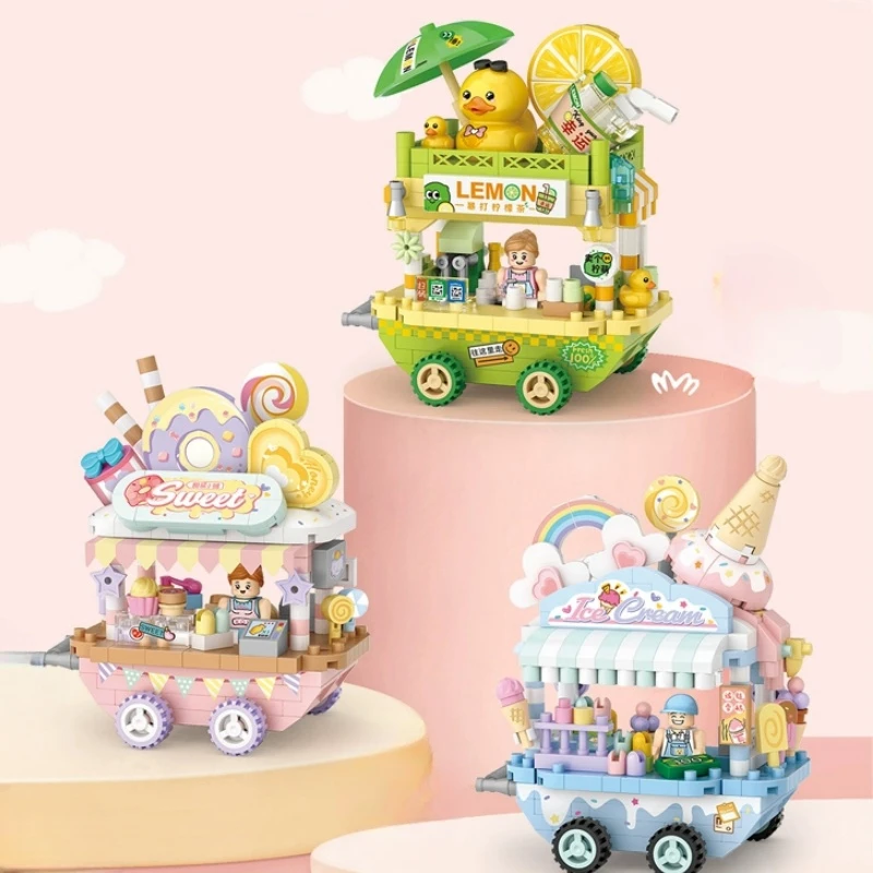 Ice-cream Vending Car Building Blocks Stall Cart Small Particles Mini Street Toy Assembled Model Ornaments Christmas Gift