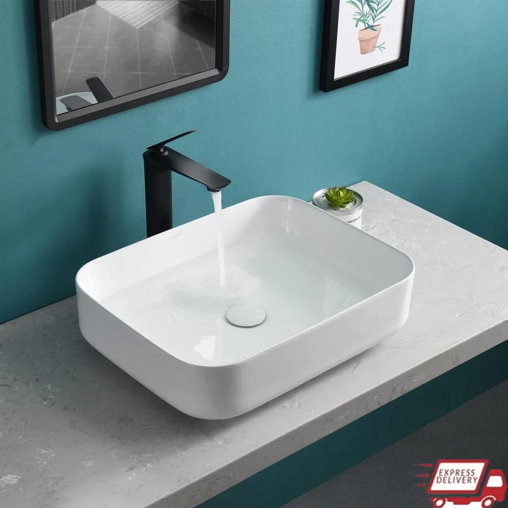 Rectangle Bathroom Sink Above Counter White Porcelain Ceramic Vessel 20'' x 16'' Elegant Modern Design Easy to Clean Solid