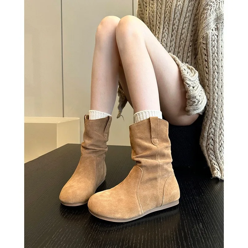 

Autumn Winter Frosted Leather Soft Soled Pleated Women's Short Boots Women's Snow Boots