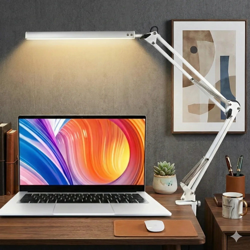 10W LED Desk Lamp with Clamp Swing Arm Eye-Caring Dimmable Desk Light 10 Brightness Levels 3 Modes USB Charging