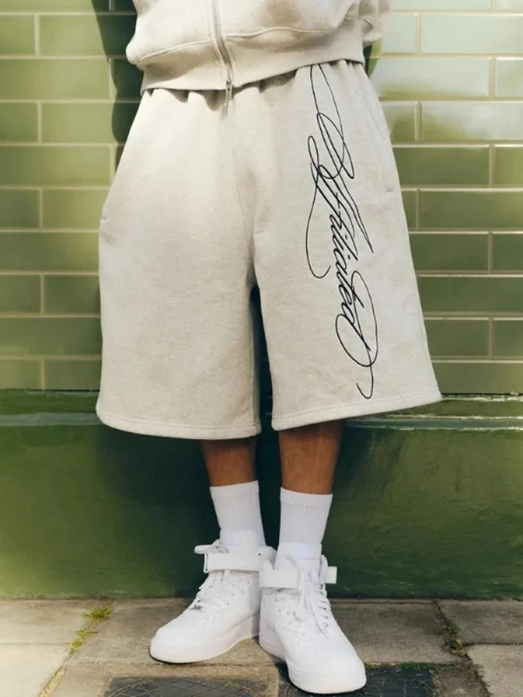 

HOUZHOU Letter Print Man Women Shorts Pocket Zipper Jogging American Retro Wide Leg Sweatpants Baggy Hip Hop Streetwear Summer