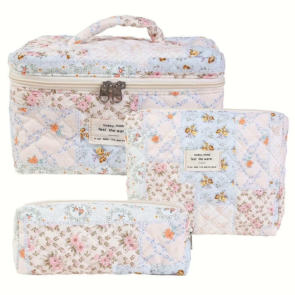 Chic Floral Portable Makeup Bag - Cotton, Unisex, Non-Waterproof, Scent-Free Travel Organizer For Toiletries & Cosmetics - Perfe