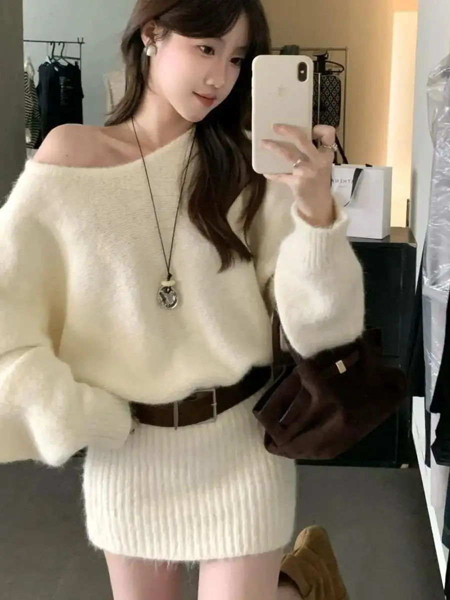 Laid-back Shoulder-baring Knitted Sweater Unique Loose Slimming Waist-cinching Baggy Midi Dress with Belt Women's Fashion