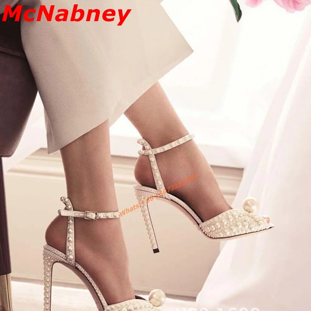 New Style Pearl Sandals Peep Toe Handmade Solid Milk White Women Shoes Ankle Buckles Straps Thin High Heel Wedding Sandals