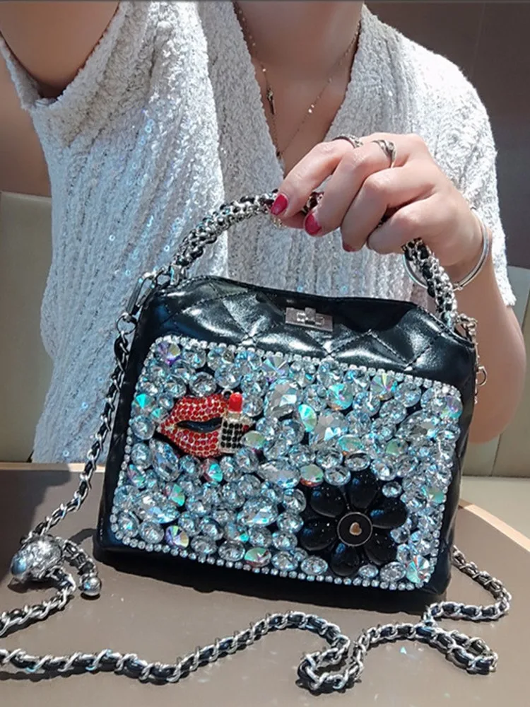 جديد إمرأة غلق بمشبك موضة الماس البقرة انقسام حقيبة يد جلدية السيدات سلسلة الماس شبكة مربع صغير الكتف Crossbody حقيبة تحت الإبط #3