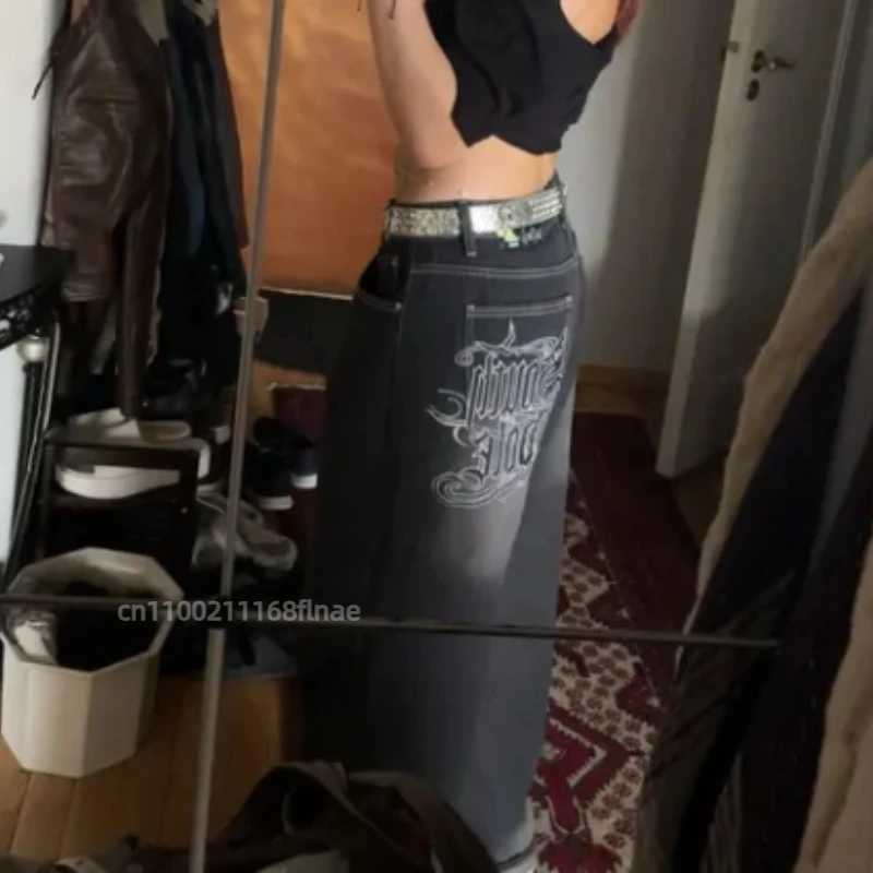 미국 스트리트 진즈 스트리트 댄스 힙합 스타일 레터 레트로 블루 루즈 하이웨이스트 와이드 레그 팬츠 커플 스트리트웨어