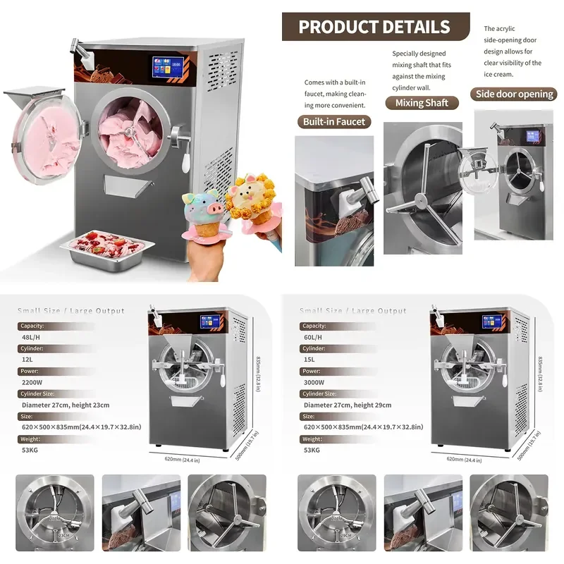 Commercial Automatic Ice Cream Machine with Pasteurization for Soft Serve Frozen Yogurt Maker Stainless Steel Countertop Unit