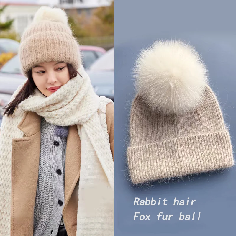 2024 hot selling fox fur ball rabbit fur knitted hat for men and women shopping versatile warm ear protection hat