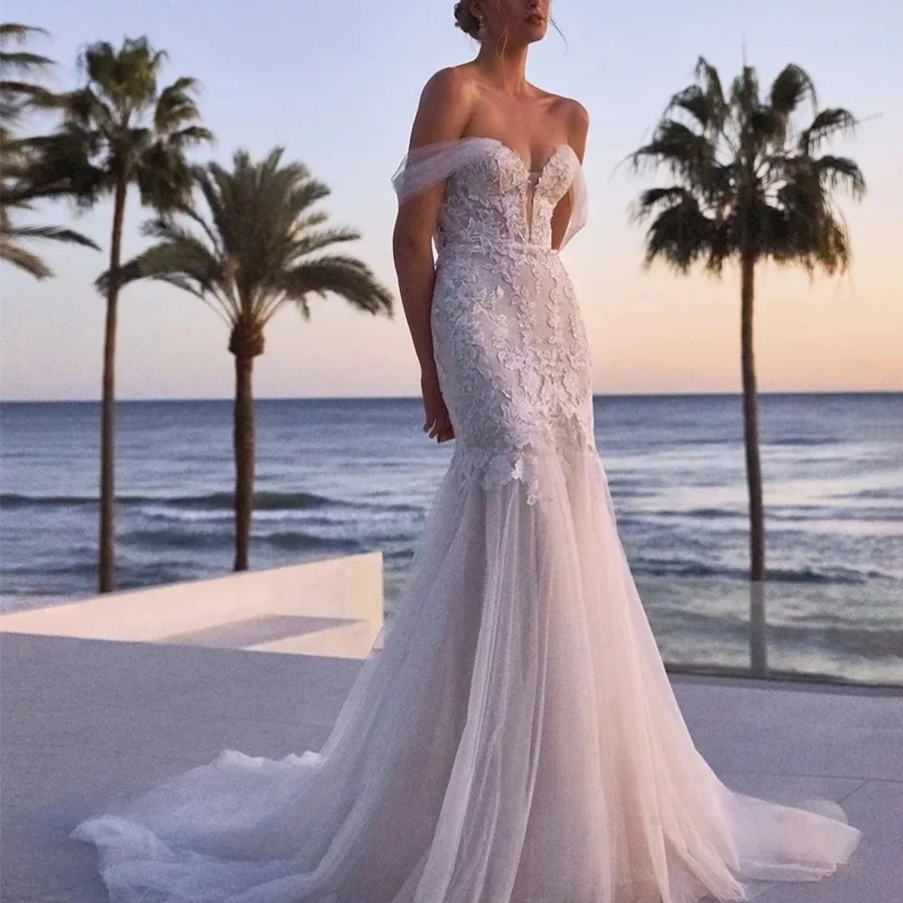 

Gorgeous White Wedding Dresses Sweetheart Off the Shoulder Sleeves Mermaid Floor Length Appliques Women Banquet Prom Gowns