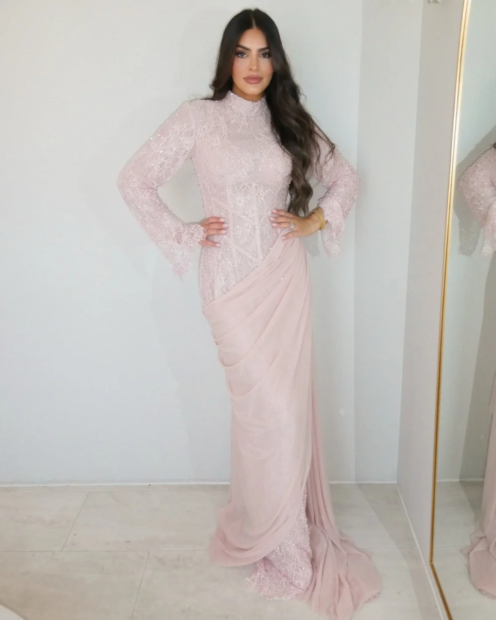 

Customized Classic Women Lace Sequined Ruched Sheath Evening Dresses High Quality High Collar Long Sleeves Floor Lenght Dresses