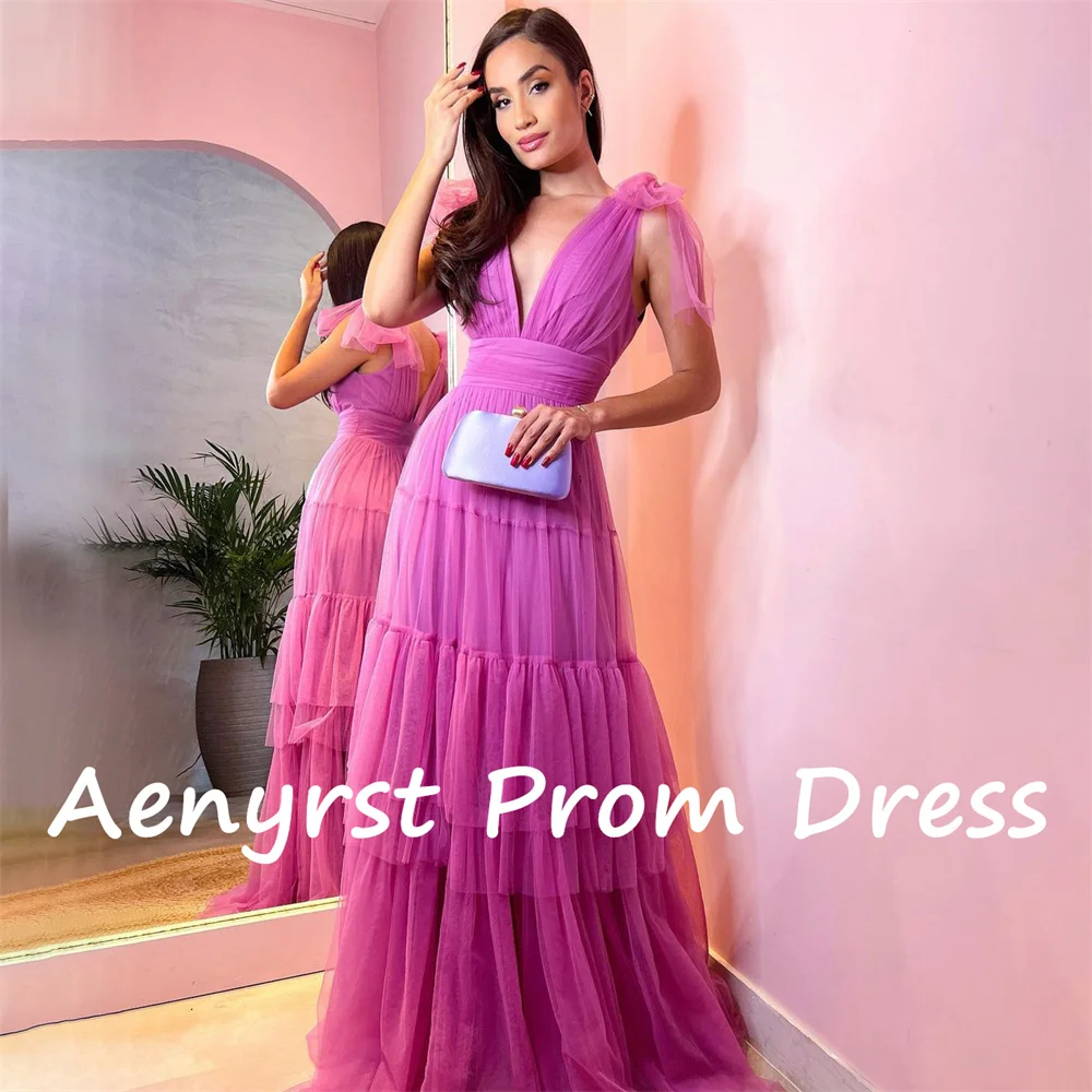 Aenryst Spaghetti Strap Deep V Neck A Line Prom Dresses Tulle Tiered Pleated Evening Dress Floor Length Formal Occasion Gowns