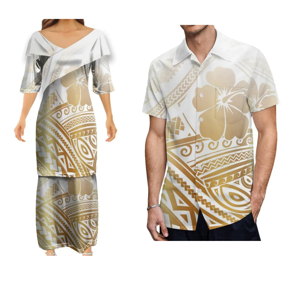 Samoa Island Clothing Custom Polynesian Puletasi Ruffled V-Neck Maxi Dress Hawaiian Men'S Shirt Couple Matching Suit