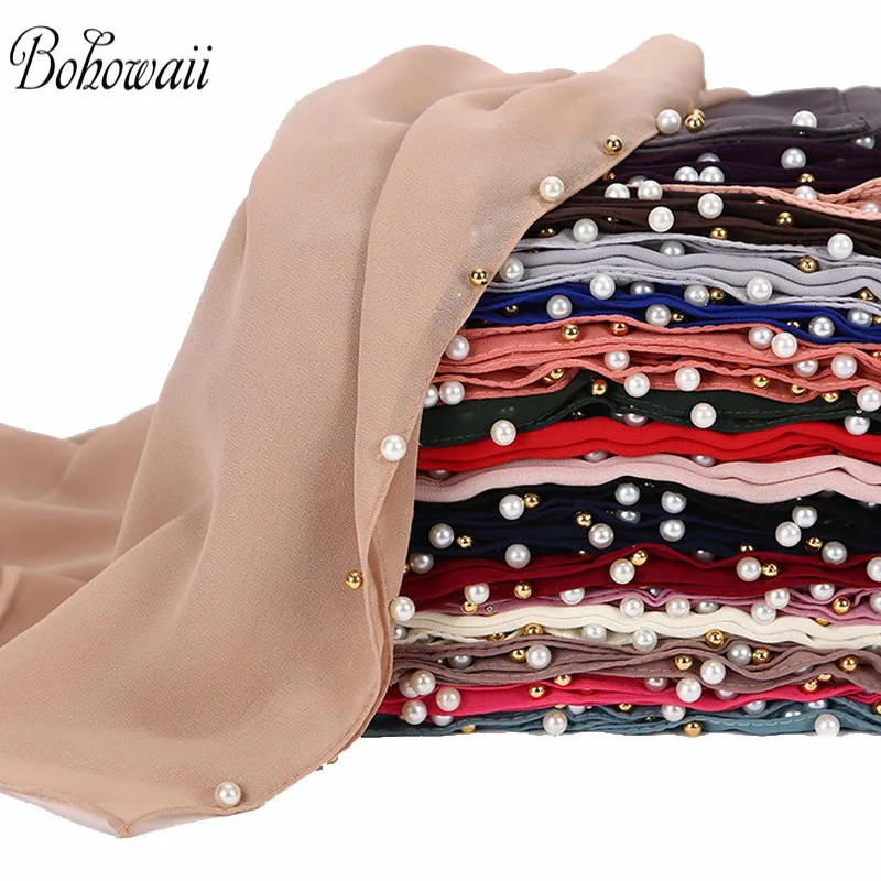 BOHOWAII Women\'s Hijabs with Bead Pearls Fashion Chiffon Scarf Turban Kopftuch Long Headbands Vrouwen Hijaabs