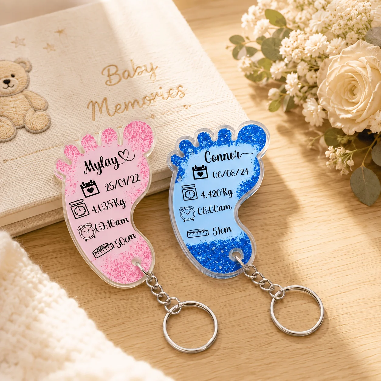 Personalized Baby Footprint Acrylic Keychain Custom Name Date Weight Time Length Keepsake Key Ring Gift for Parents Family
