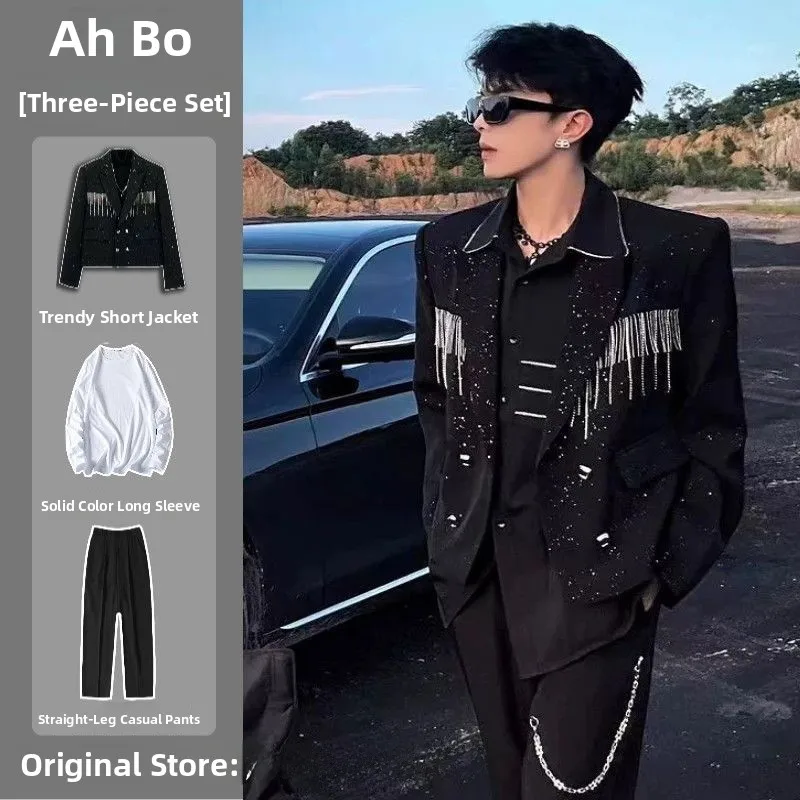 

2026 New Men's Jaet Outerwear Korean Sle Trendy Loose Design Sensation Tassel Suit Collar Padded oulder Western Suit