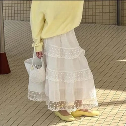 Skirt Princess Girls Lace Embroidery Long French Retro High Waisted Childrens Clothing 2024 Fashion Elastic Waist Loose